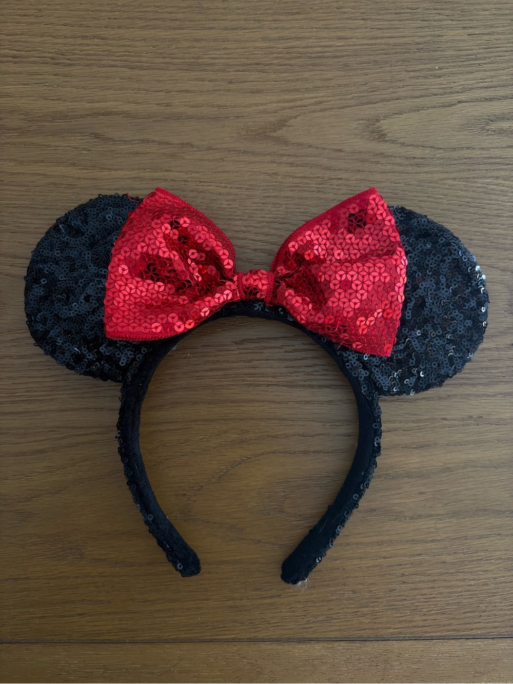 Black Sequin Mouse Ears Headband with Red Bow